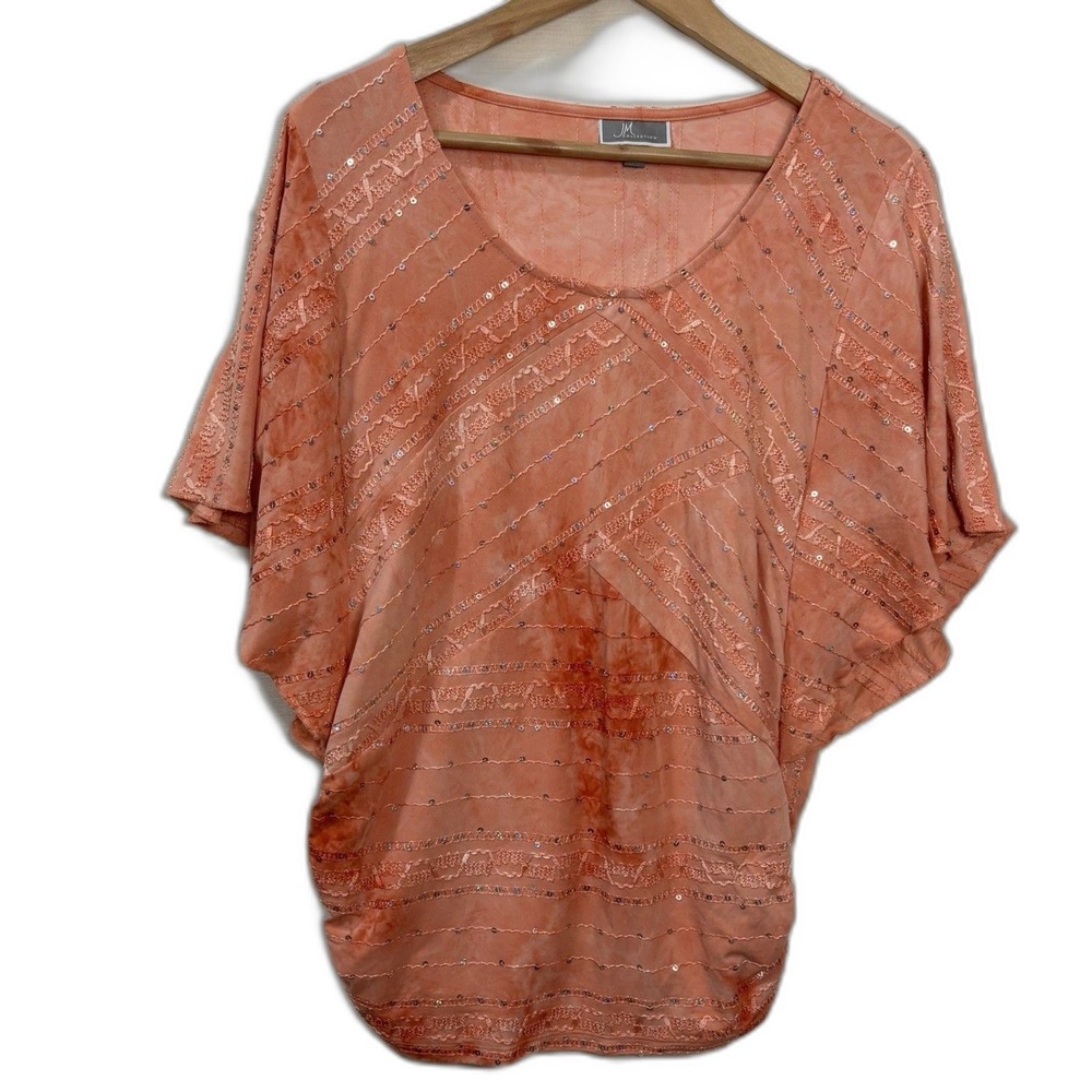 JM Collection Blouse Coral Sequin Flutter Sleeve Embroidered Boho Party Casual L